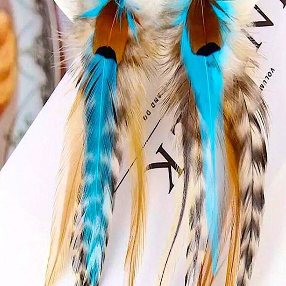 Bohemian Handmade aFeather Dangle Earrings, Turquoise brown , Western, Boho,… - Picture 2 of 4